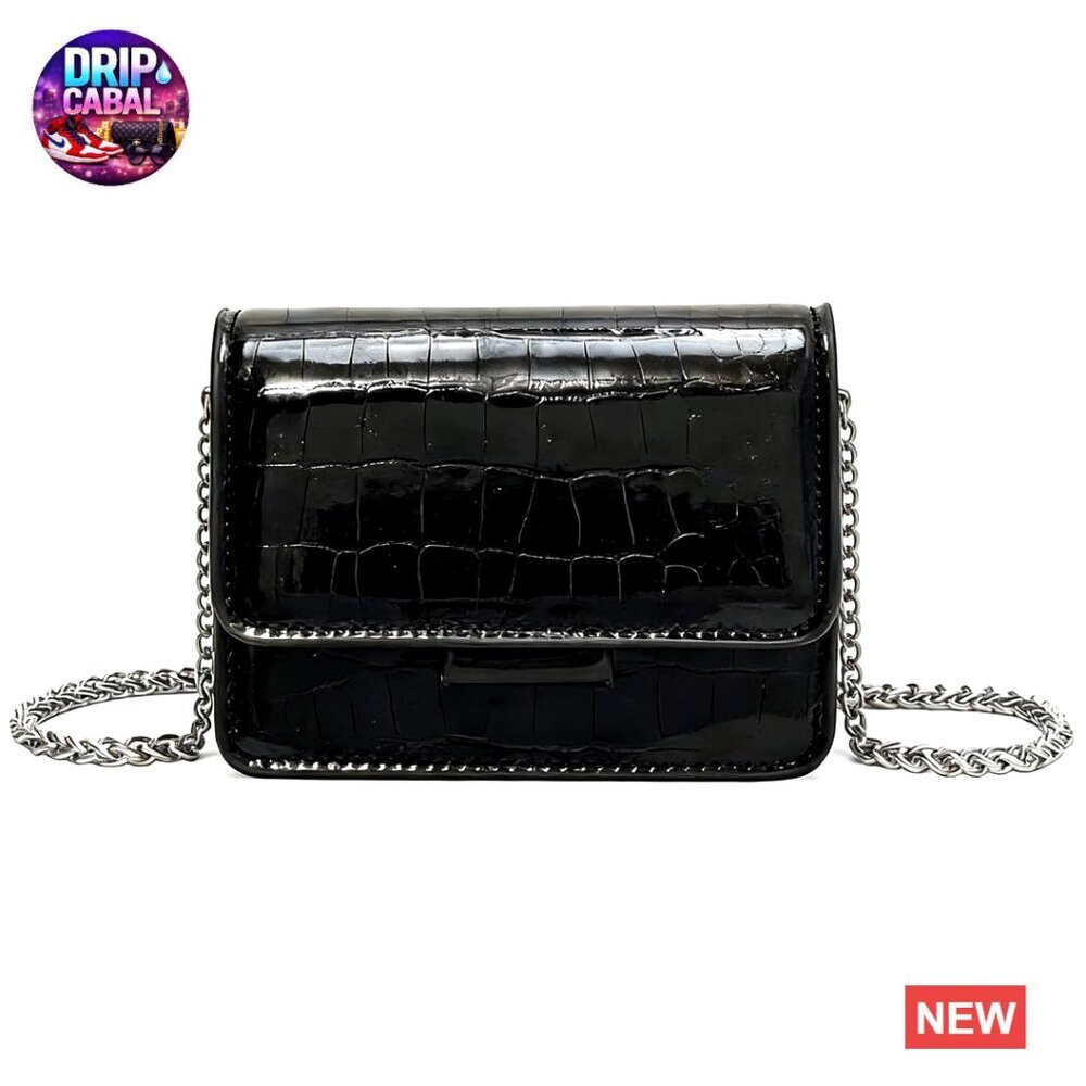 Mini Crossbody Bag Patent Leather Crocodile Purse Silver Chain Strap Evening